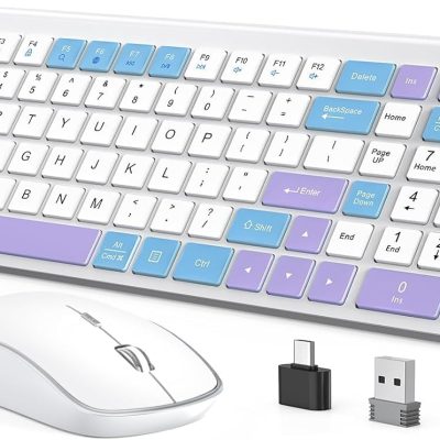 Wireless Keyboard Mouse Combo Retro,Ergonomic Mechanical with Duskproof Flim Number Pad,2.4G Wireless for PC, Laptop, Desktop - Purple Blue