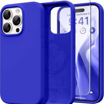 Silicone Case for iPhone 15 Pro Max, Compatible with Magsafe, Camera Protection + Screen Protector, Soft Scratch-Resistant Microfibre Lining, Shockproof Liquid Silicone Mobile Phone Case, Cobalt