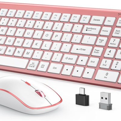 Wireless Keyboard Mouse Combo Retro,Ergonomic Mechanical with Duskproof Flim Number Pad,2.4G Wireless for PC, Laptop, Desktop - Pink