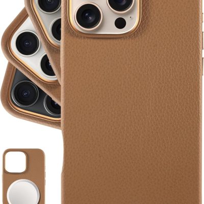 - For iPhone 16 Pro Max - European Pebble Genuine Leather Phone Case - European Elegance Modern Design - [Magsafe Compatible] - Saddle